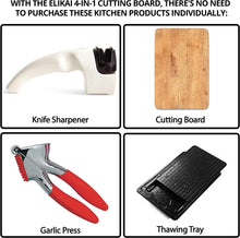 Load image into Gallery viewer, 4-In-1 Plastic Cutting Board with Defrosting Tray, Knife Sharpener, and Garlic Press