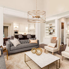 Load image into Gallery viewer, Gold Chandelier, 3-Light Drum Chandelier Light Fixture, Foyer Hanging Pendant Light for Kitchen Island, Entryway, Dining Room &amp; Living Room, 15.5’’ L X 15.5’’ W X 9.5’’ H
