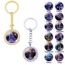 Load image into Gallery viewer, Constellation Glass  Rhinestone Keychain Pendant Silver/Gold Plated Zodiac 

