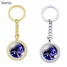 Load image into Gallery viewer, Constellation Glass  Rhinestone Keychain Pendant Silver/Gold Plated Zodiac 
