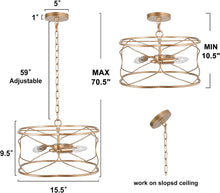 Load image into Gallery viewer, Gold Chandelier, 3-Light Drum Chandelier Light Fixture, Foyer Hanging Pendant Light for Kitchen Island, Entryway, Dining Room &amp; Living Room, 15.5’’ L X 15.5’’ W X 9.5’’ H
